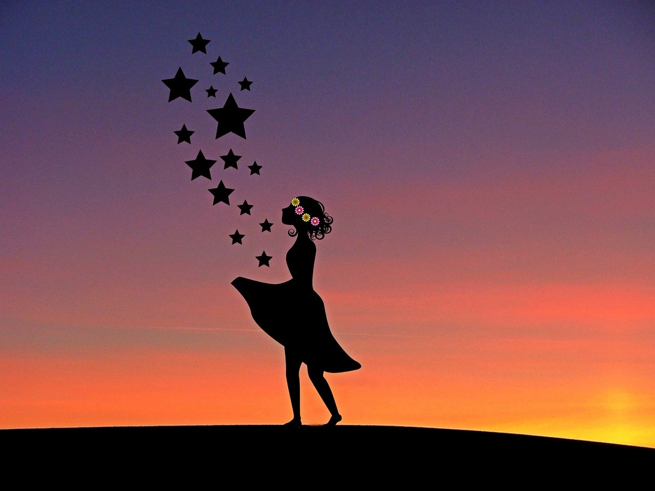 Silhouette of girl with stars rising to the sky
