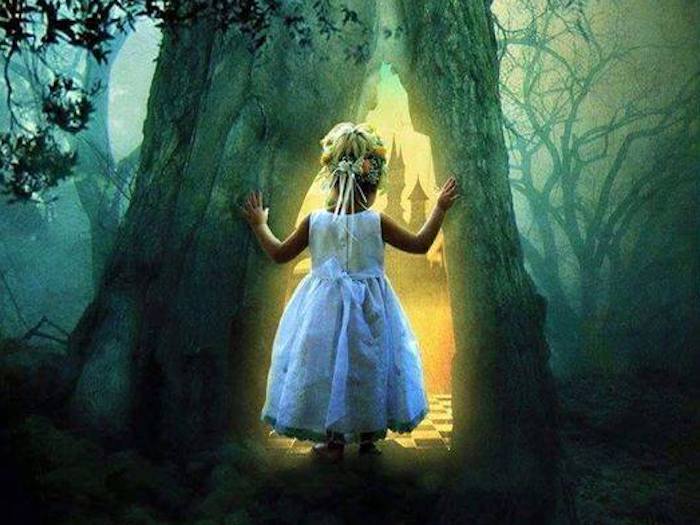 Vision of a fairy castle bathed in golden light by a little girl in a dark forest... will she dare to step into the light?