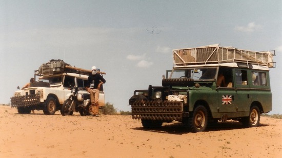 Two landrovers somewhere in the Sahara on our trip across Africa